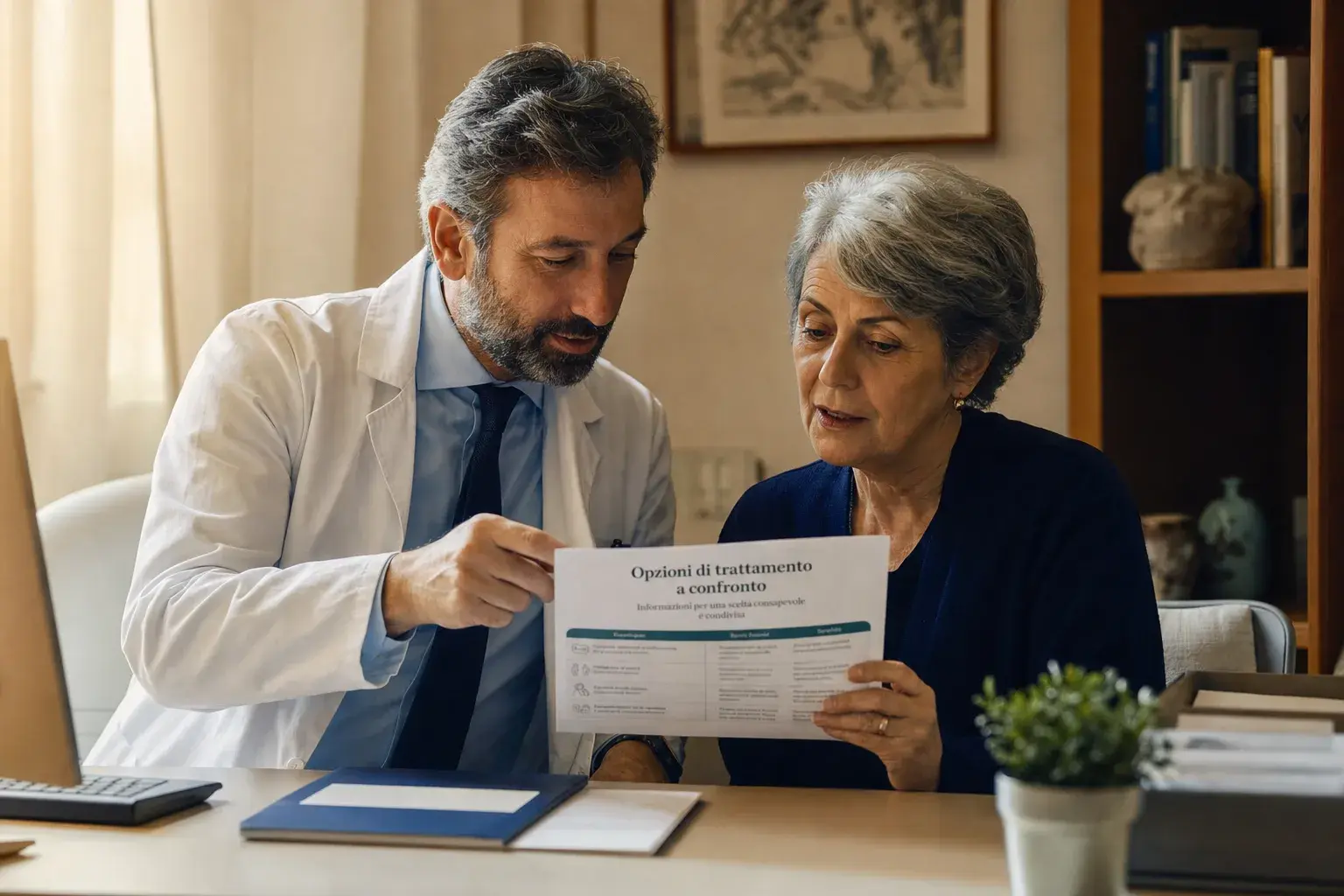 Un medico mostra e spiega a una paziente un foglio con le opzioni di trattamento