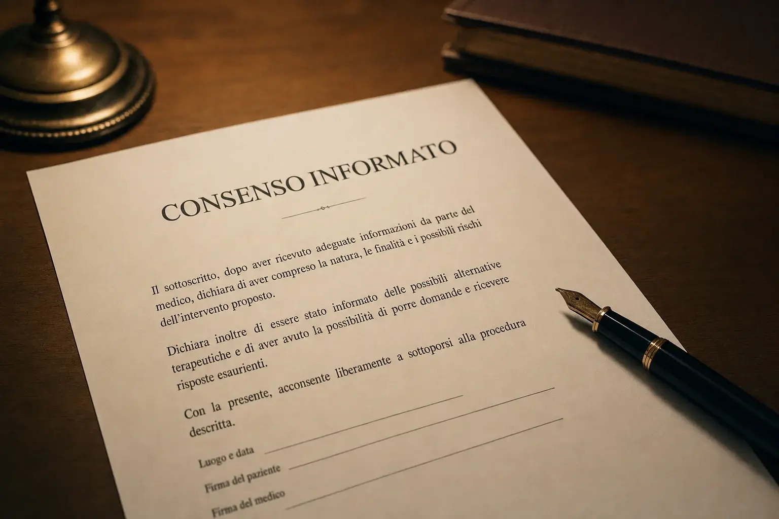 Primo piano di un modulo di consenso informato in italiano, con una penna stilografica accanto