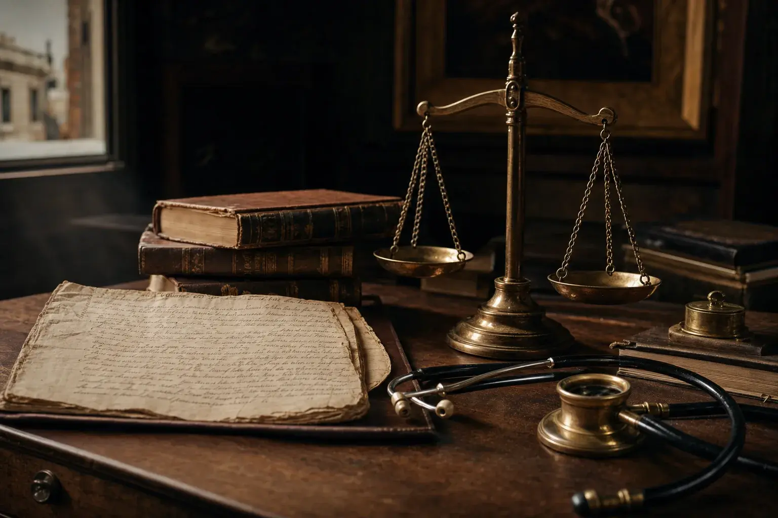 Libri antichi, un documento manoscritto, una bilancia della giustizia e uno stetoscopio: la nascita dell'etica medica moderna