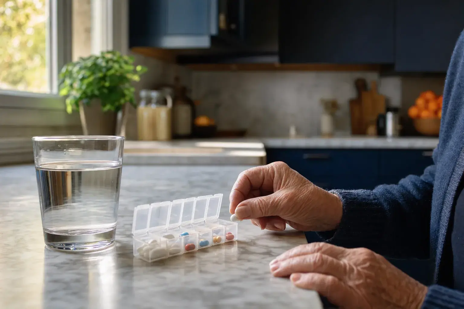 Un portapillole settimanale e un bicchiere d'acqua sul piano della cucina, con le mani di una persona anziana accanto