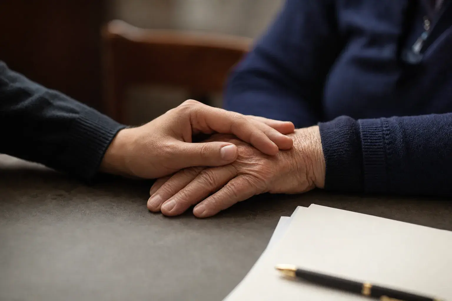 Un figlio adulto aiuta il padre anziano a sistemare dei documenti seduti al tavolo di casa
