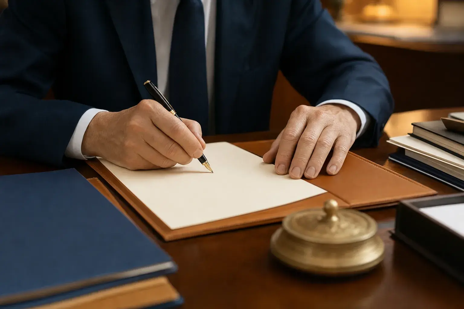 Una persona scrive una lettera formale a una scrivania ordinata, con i documenti disposti con cura