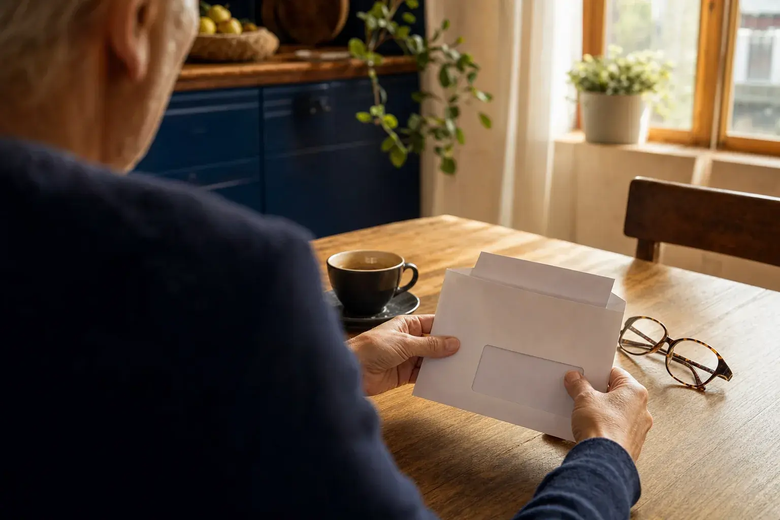 Una lettera di invito a uno screening gratuito su un tavolo di casa, accanto a una tazza di caffè e a un paio di occhiali