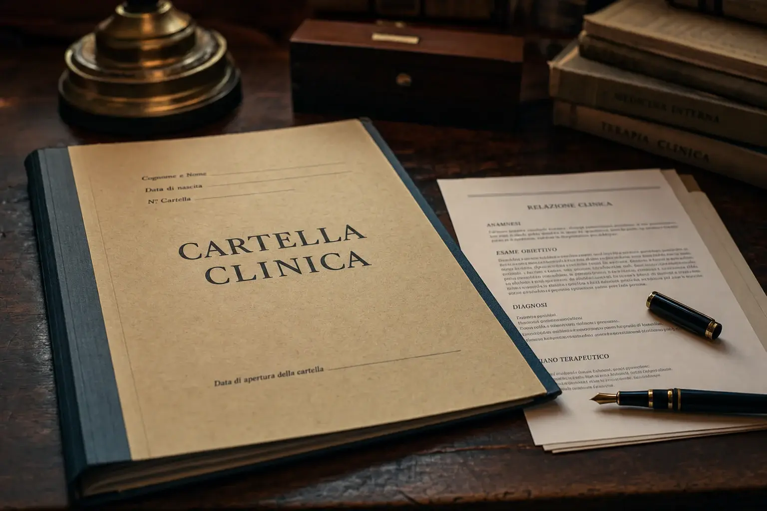 Una cartella clinica con referti, esami e documenti sanitari, il materiale necessario per valutare un caso di errore medico